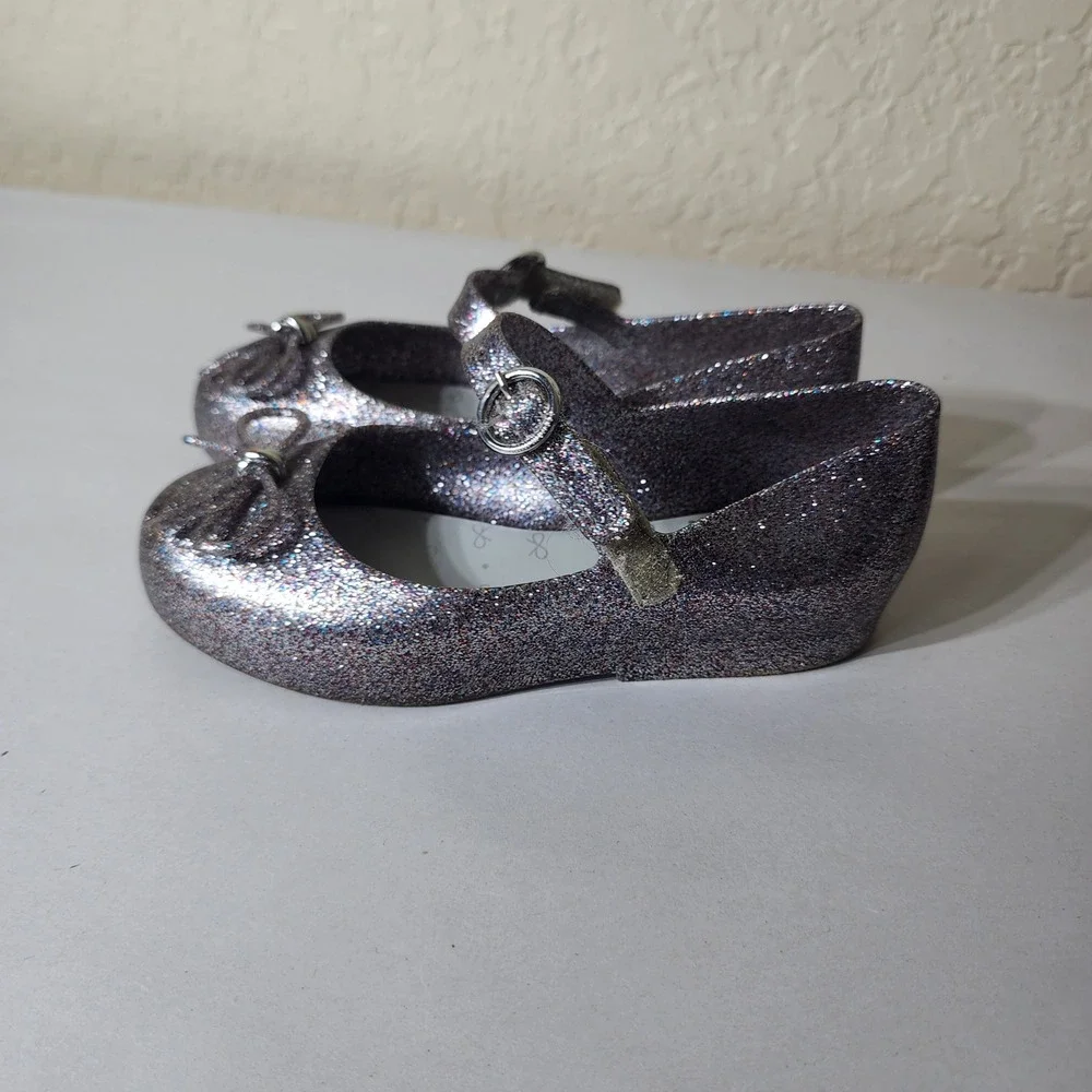 Mini Melissa Kids Silver Glitter Jelly Mary Jane Shoes Size 11 Bow Accent